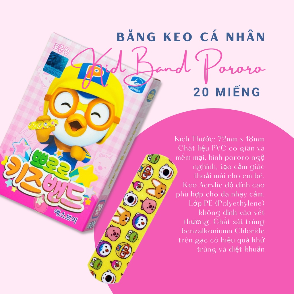 Hộp Băng Keo Cá Nhân In Hình Pororo – Có Chứa Benzalkonium (hộp 1 size – 20 miếng)