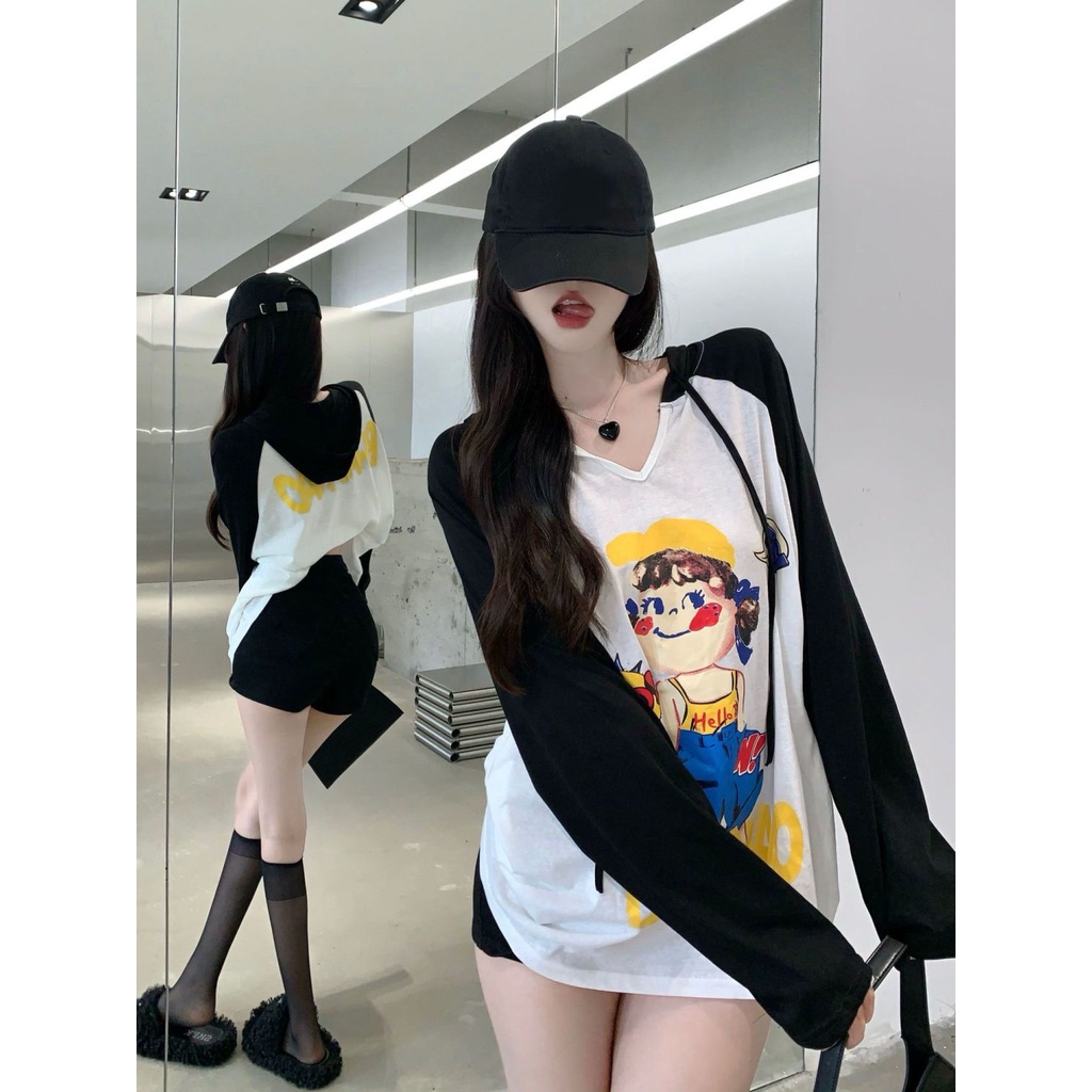 Áo thun nữ JSC tay dài chống nắng có mũ trùm đầu in hình cô gái dễ thương phong cách Hồng Kông mùa hè mới