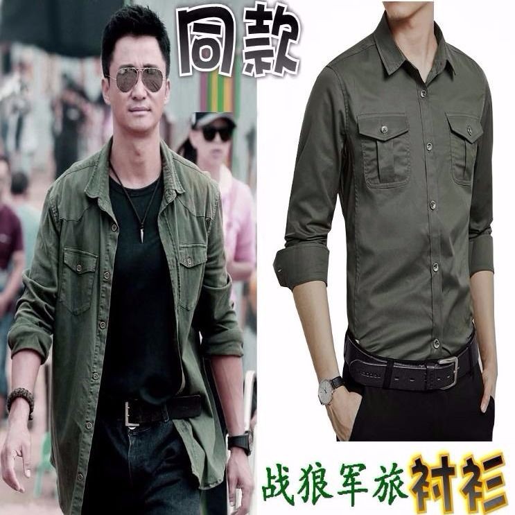 Middle aged fashion✖✢❄Áo sơ mi mùa thu nam dài tay cotton cho người trung niên 100% công nhân quân đội màu xanh l