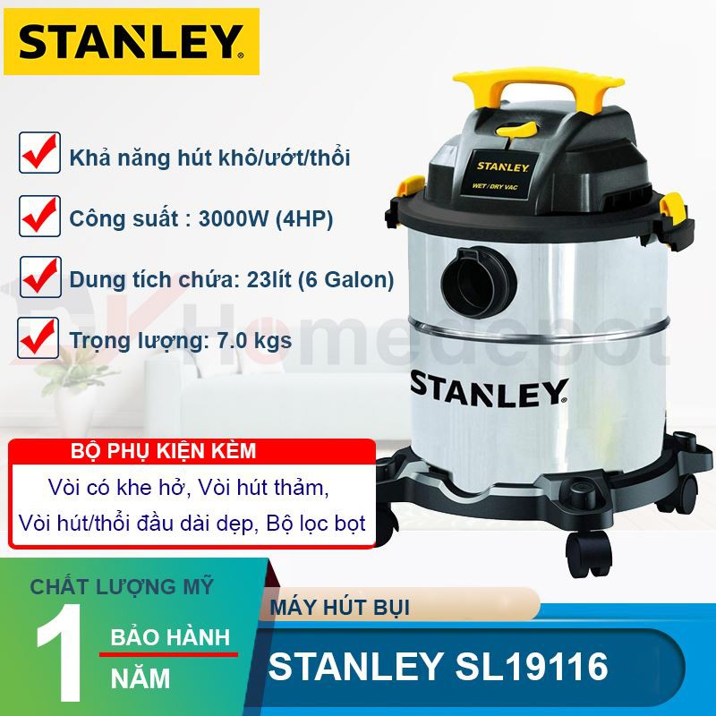 [Mã BMBAU300 giảm 7% tối đa 300K đơn 499K] Máy hút bụi công nghiệp khô và ướt Stanley SL19116