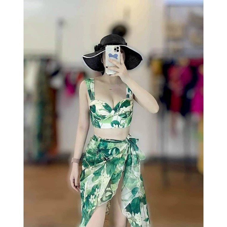 SIZE (M,L) SET BIKIBI, ĐỒ BƠI ĐI BIỂN HOA XANH TAY VUÔNG KÈM KHĂN MẪU MỚI SEXY ODERI HM-211