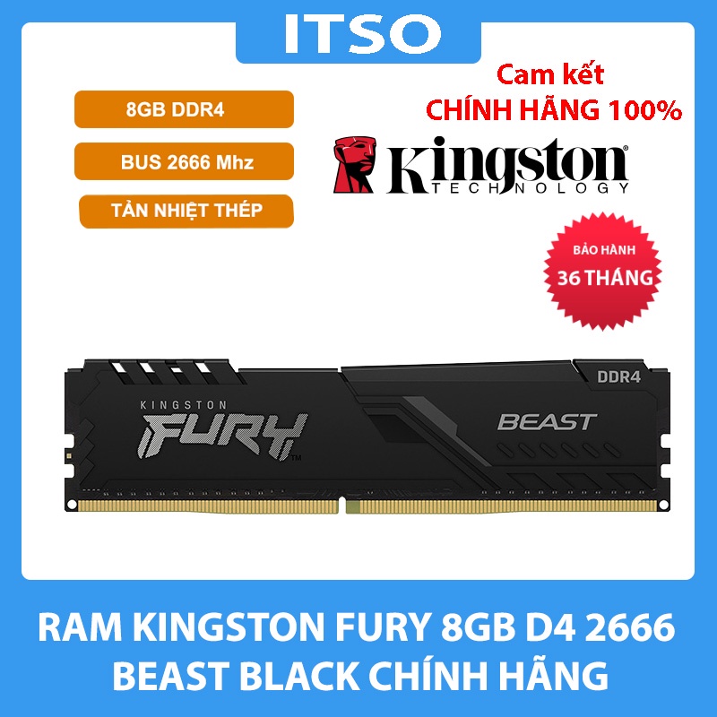 Ram máy tính Kingston Fury 8GB D4-2666 CL16-Beast Black (KF426C16BB/8) chính hãng - Bảo hành 36 tháng