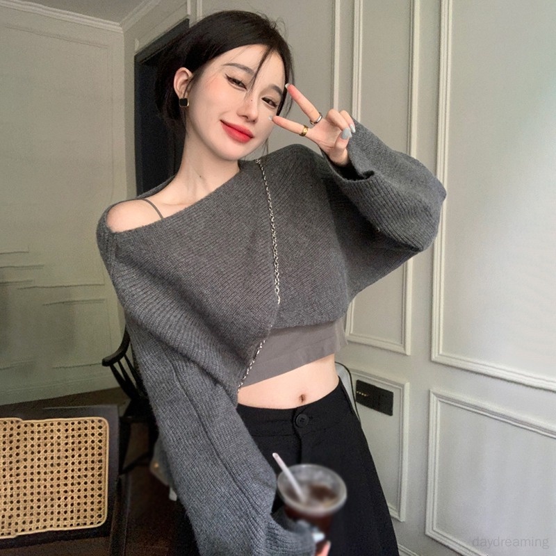 Áo Croptop Dệt Kim Dáng Rộng Phong Cách Hàn Quốc Cho Nữ