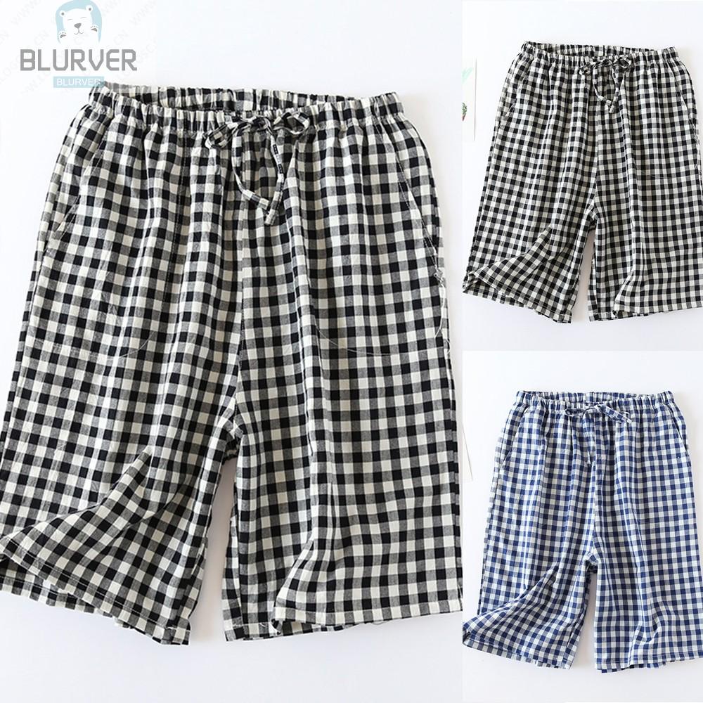 Pants Nightwear Pajama Plaid Short Pants Sleepwear Summer Cotton Elastic Waist