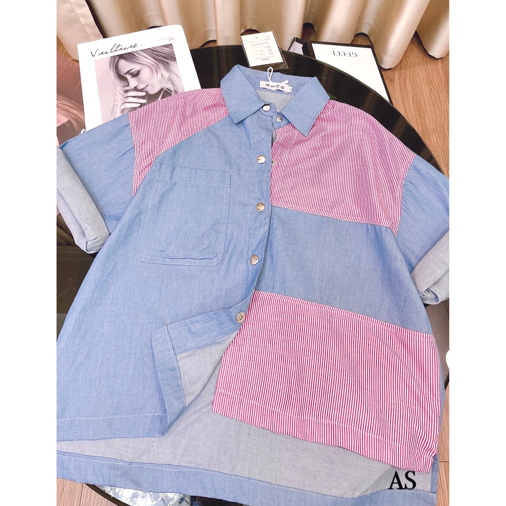 ÁO SƠ MI NỮ  TAY LỬNG , DENIM BÒ XANH PHỐI HỒNG TÚI NGỰC VẠT
