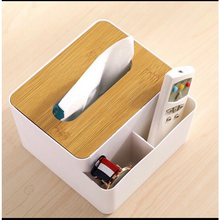 Hộp đựng giấy ăn mặt gỗ có 2 ngăn cắm điều khiển