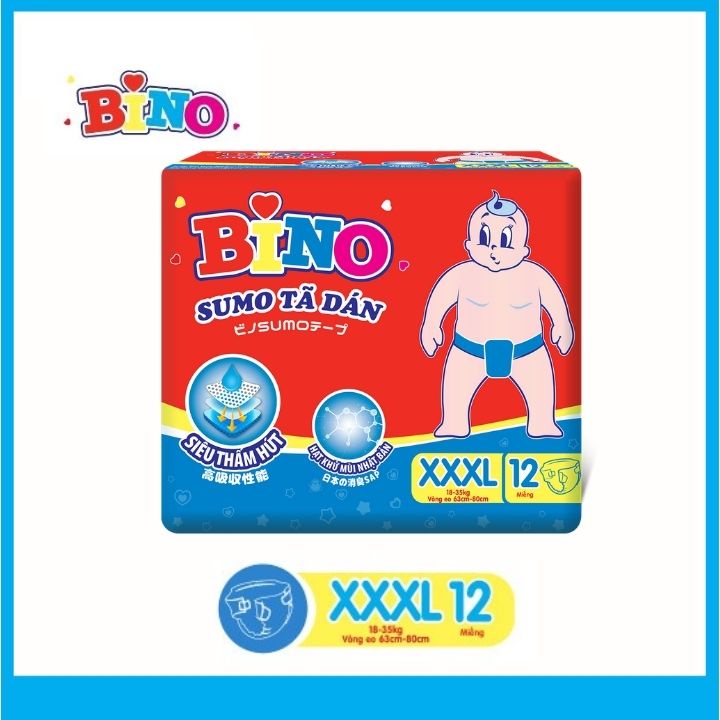 Combo 5 bao Tã dán Bino Sumo XXXL12 (Cho bé trên 18kg) - Siêu mềm, không thấm ngược giúp da bé luôn khô thoáng