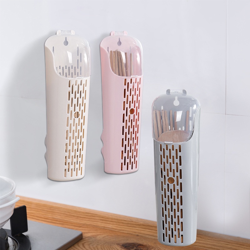Hũ ống đựng đũa muỗng dán tường nhà bếp không cần khoan tường, ống đũa có nắp đậy, có khe thoát nước