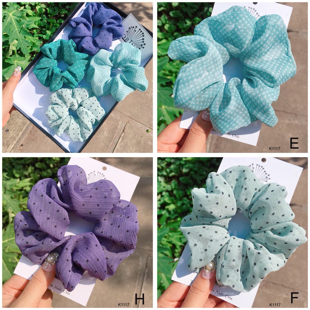 Buộc tóc, cột tóc vải scrunchies chiffon chấm bi siêu đẹp Orin K1117