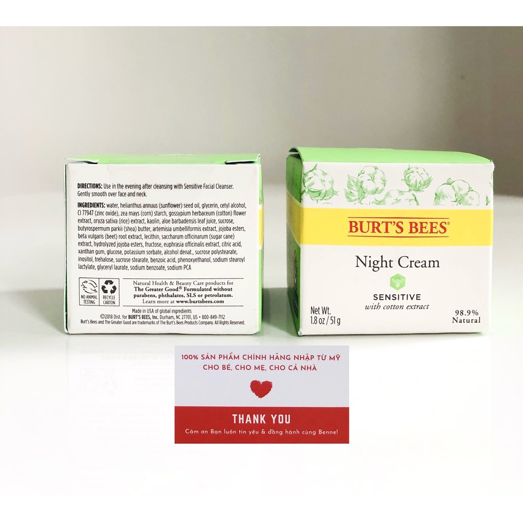 Sữa rửa mặt, kem dưỡng ngày và đêm Burt's Bees Sensitive của Mỹ