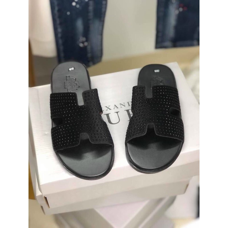 Dép HM Đen Đính Đá Hot, Dép Lê Quai Ngang Black Nam Nữ Ảnh Thật, Da Thật 100% Full Box Bill