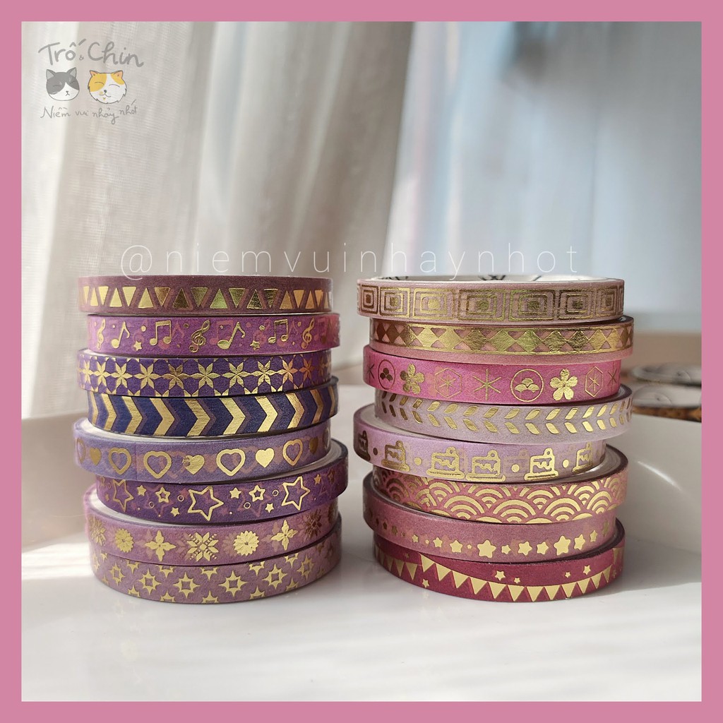 [HÀNG CÓ SẴN] [ẢNH THẬT] Washi tape nhũ ánh kim cực kì sắc nét HỒNG TÍM (5mm*2m)