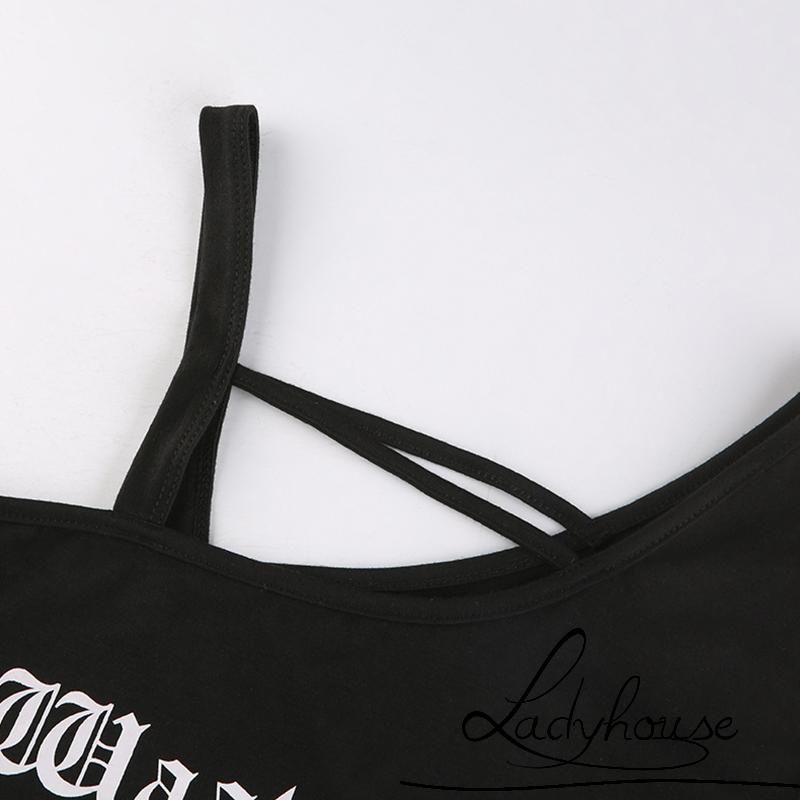 Áo Croptop Khoét Vai Màu Đen In Chữ Phong Cách Punk Cá Tính Cho Nữ