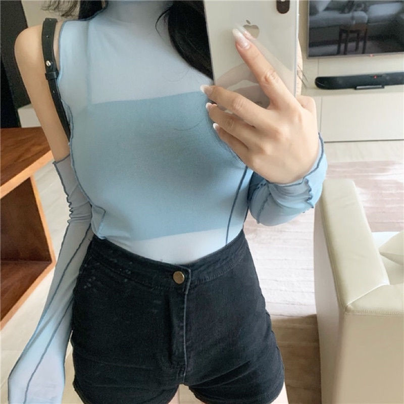 Áo lưới cổ lọ xuyên thấu phong cách sexy rớt vai tay dài phù hợp cho ngày hè - hàng QC - Nàng Closet