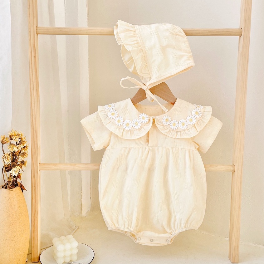 Áo liền quần SANLUTOZ tay ngắn cotton trang trí hoa có mũ trùm đầu dễ thương kiểu công chúa mùa hè cho bé gái sơ sinh