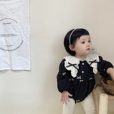 Bộ Áo Liền Quần Tay Dài Màu Đen Đính Nơ Phong Cách Công Chúa Thời Trang Mùa Thu Cho Bé Gái 0-2 Tuổi