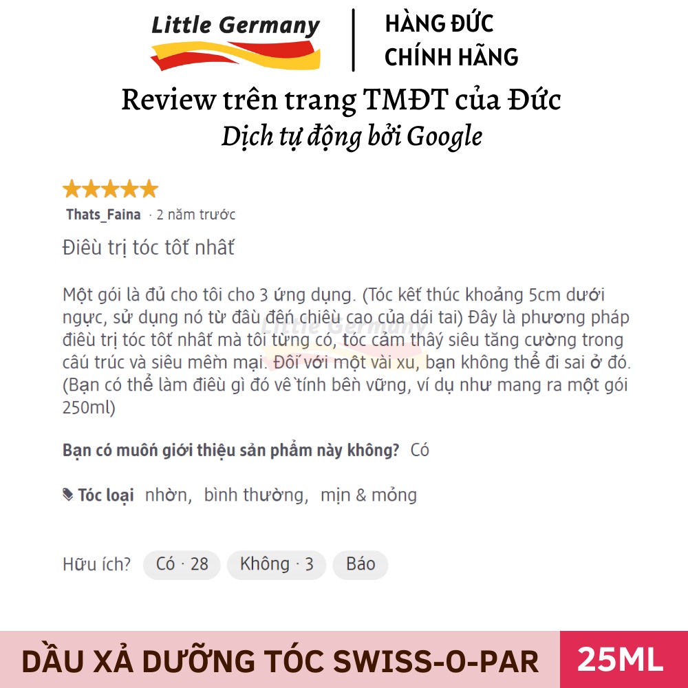 Dầu Xả Dưỡng Tóc SWISS-O-PAR Đức - Size Nhỏ Tiện Dụng - 25ML - Hàng Nội Địa Đức