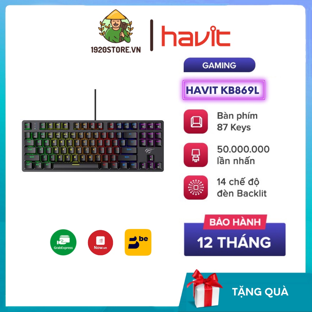【Giao Hỏa Tốc】Bàn Phím Cơ Gaming HAVIT KB869L, 87 Keys, 19 Chế Độ LED RGB, Tuổi Thọ 50 Triệu Lần - Chính Hãng BH12T