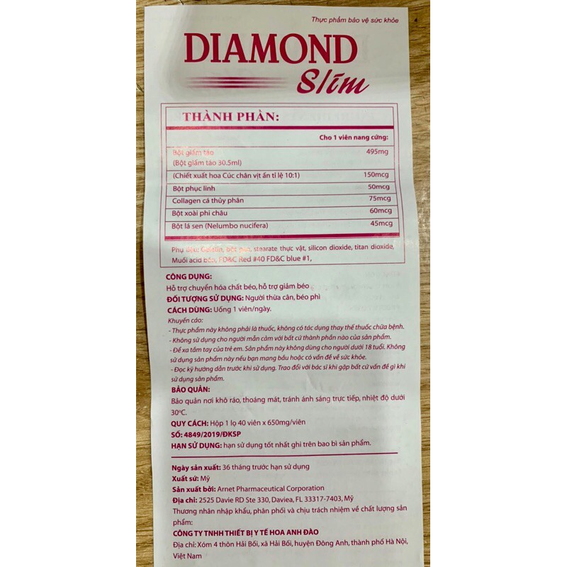 CHÍNH HÃNG - VIÊN UỐNG GIẢM CÂN DIAMOND SLIM USA - AN TOÀN HIỆU QUẢ