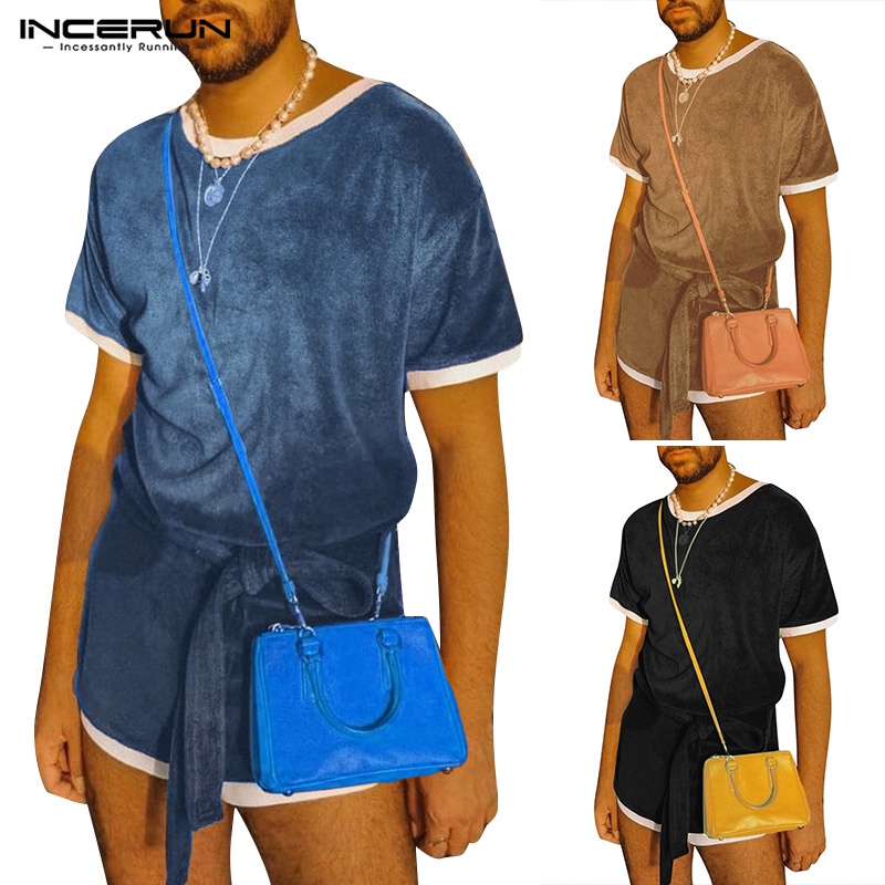 INCERUN Set Áo Thun Ngắn Tay Cổ Tròn Và Quần Short Thời Trang Mùa Hè Cho Nam