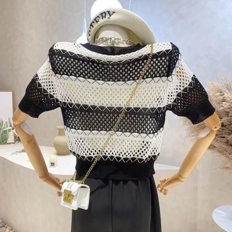 Áo Thun Tay Ngắn Cổ Tròn Họa Tiết Kẻ Sọc Màu Sắc Tương Phản Thời Trang Mùa Hè Cho Nữ