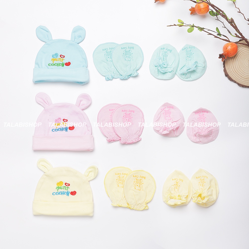 Mũ sơ sinh cho bé gái trai 100% cotton, Nón Tai Thỏ che thóp đến 4 tháng, Sét Bao tay Chống Cào Xước cho bé 4 tháng tuổi