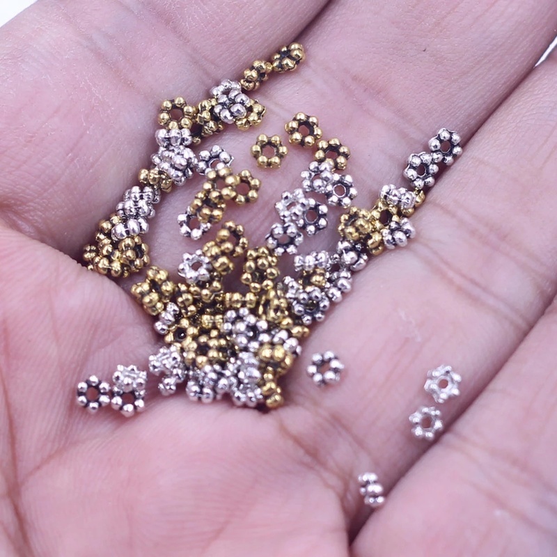 Set 100 Hạt Cườm Kim Loại Hình Hoa Cúc 6mm Dùng Làm Trang Sức Thủ Công