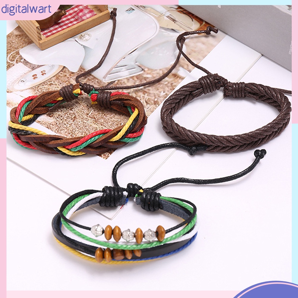 Set 3 Vòng Đeo Tay Chất Liệu Da Nhân Tạo Phong Cách Retro Cho Nam