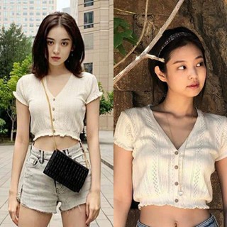 💥SẴN ib-RẺ VÔ ĐỊCH? Áo croptop cổ tim cài khuy chiết eo ngắn tay Jennie