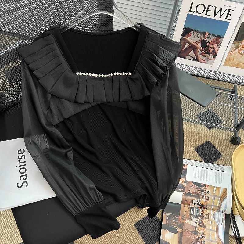 Áo Sơ Mi Nữ Tay Dài Cổ Vuông Viền Lá Sen Thời Trang Hàn Quốc Mới