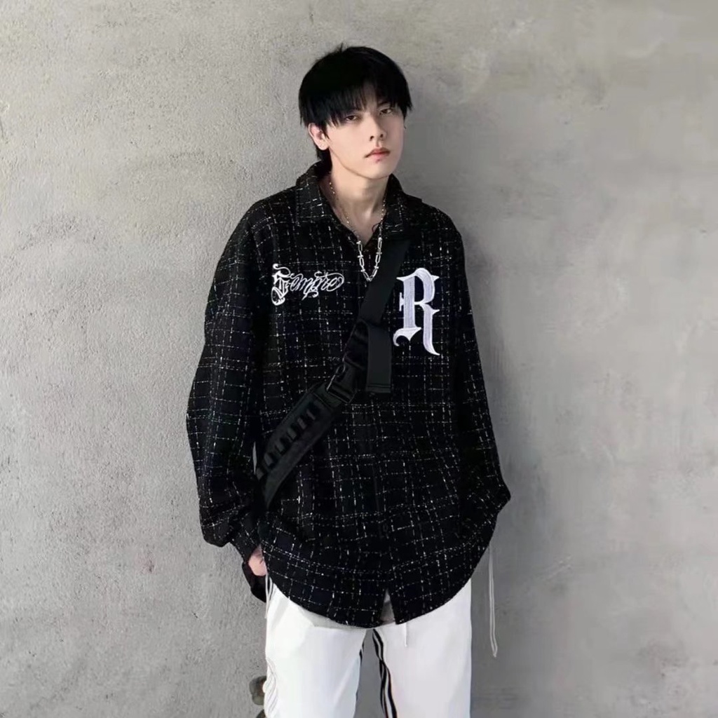 Áo Khoác Sơ Mi Caro Tay Dài Dáng Rộng Thêu Chữ Đơn Giản Phong Cách Hip Hop Đường Phố Hàn Quốc Thời Trang 2022