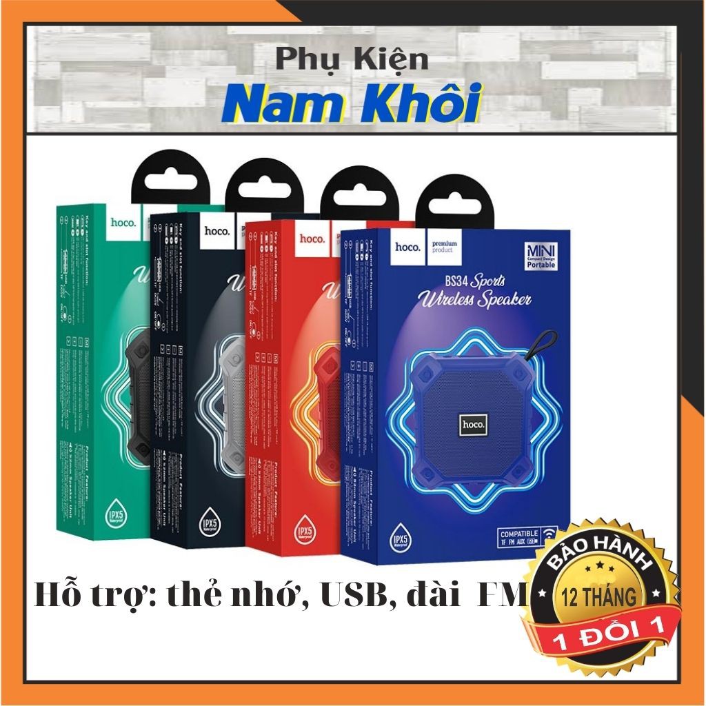 Loa Bluetooth Thể Thao Mini Chính Hãng Hoco BS34 V5.0 Chống Nước, Âm Thanh Lớn Rõ Hỗ Trợ USB Thẻ Nhớ Đài FM