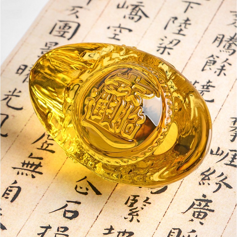 Thỏi Vàng Thần Tài  Pha Lê KIM NGUYÊN BẢO gắn 4 chữ CHIÊU TÀI TẤN BẢO - dập nổi hình 2 con Rồng Chầu Ngọc