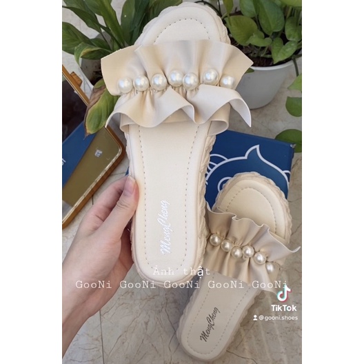 Dép quai ngang, đế bánh mì đính ngọc bánh bèo đế cao trống trơn trượt dành cho nữ