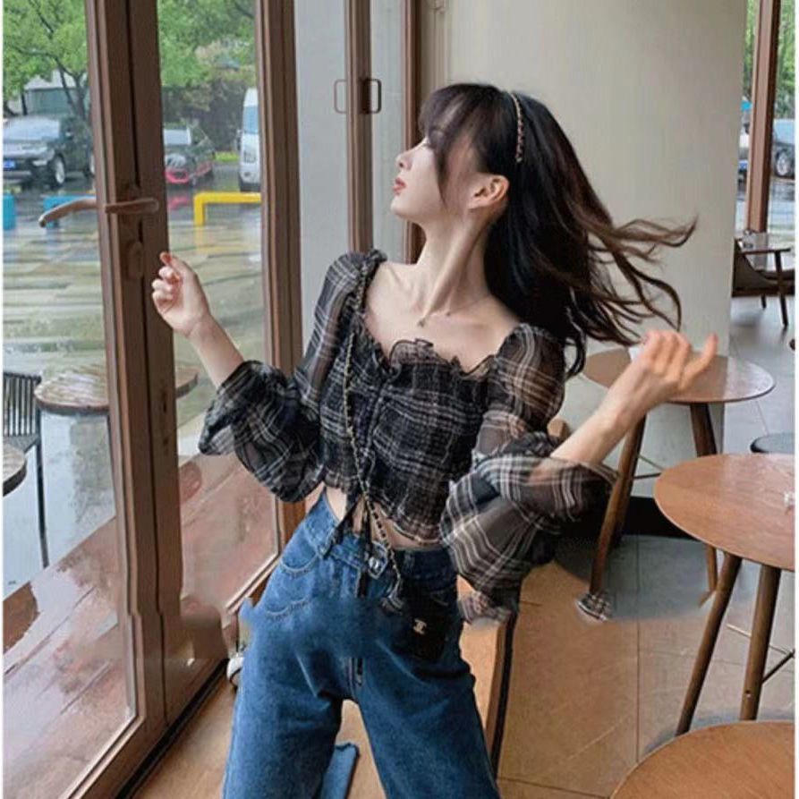 Áo Croptop Vải Voan Phối Dây Rút Kẻ Sọc Kiểu Retro Cho Nữ