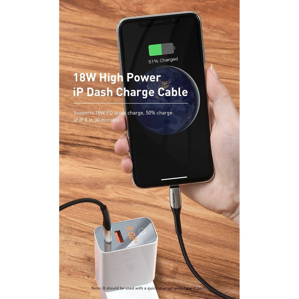 Cáp sạc nhanh PD 18W Baseus Horizontal Flash Charge Type-C to Lightning,hỗ trợ truyền dữ liệu dài 50cm