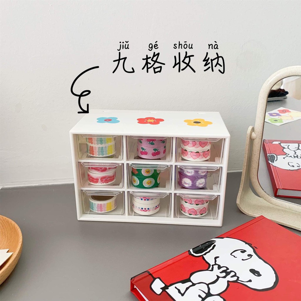 Hộp tủ 9 ngăn kéo,kệ 9 ô đựng Washi Tape để bàn đựng trang sức vòng tay mĩ phẩm văn phòng phẩm tủ mini 9 ngăn kéo