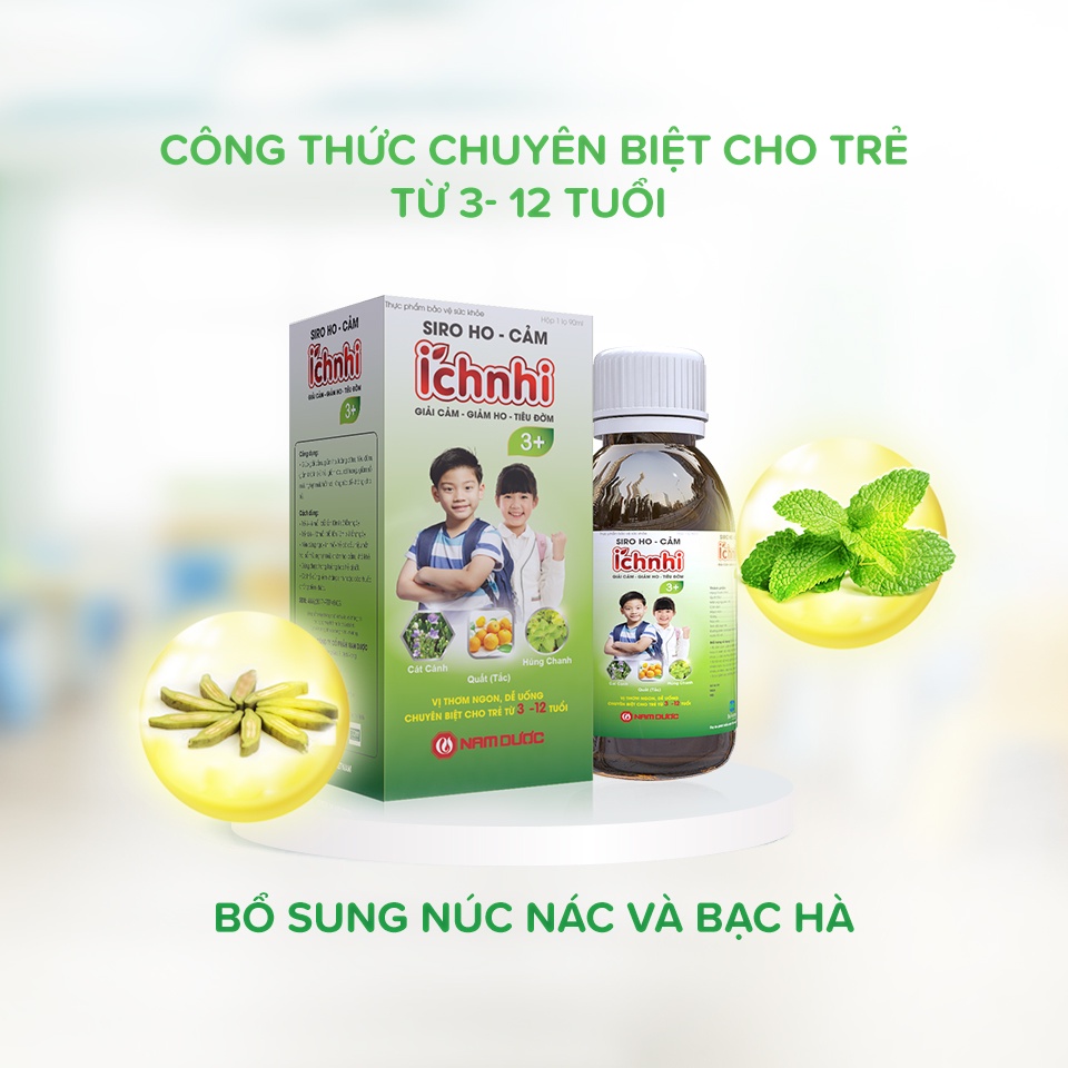 Siro ho cảm Ích Nhi 3+ - Giải cảm, giảm ho, tiêu đờm, giảm sổ mũi, phòng cảm lạnh cho bé trên 3 tuổi. Chai 90ml