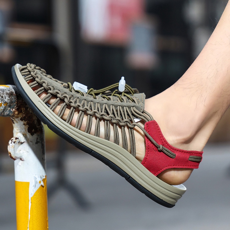 Giày sandal dệt tay chống trượt thoáng khí phong cách đi biển mùa hè cho nam và nữ