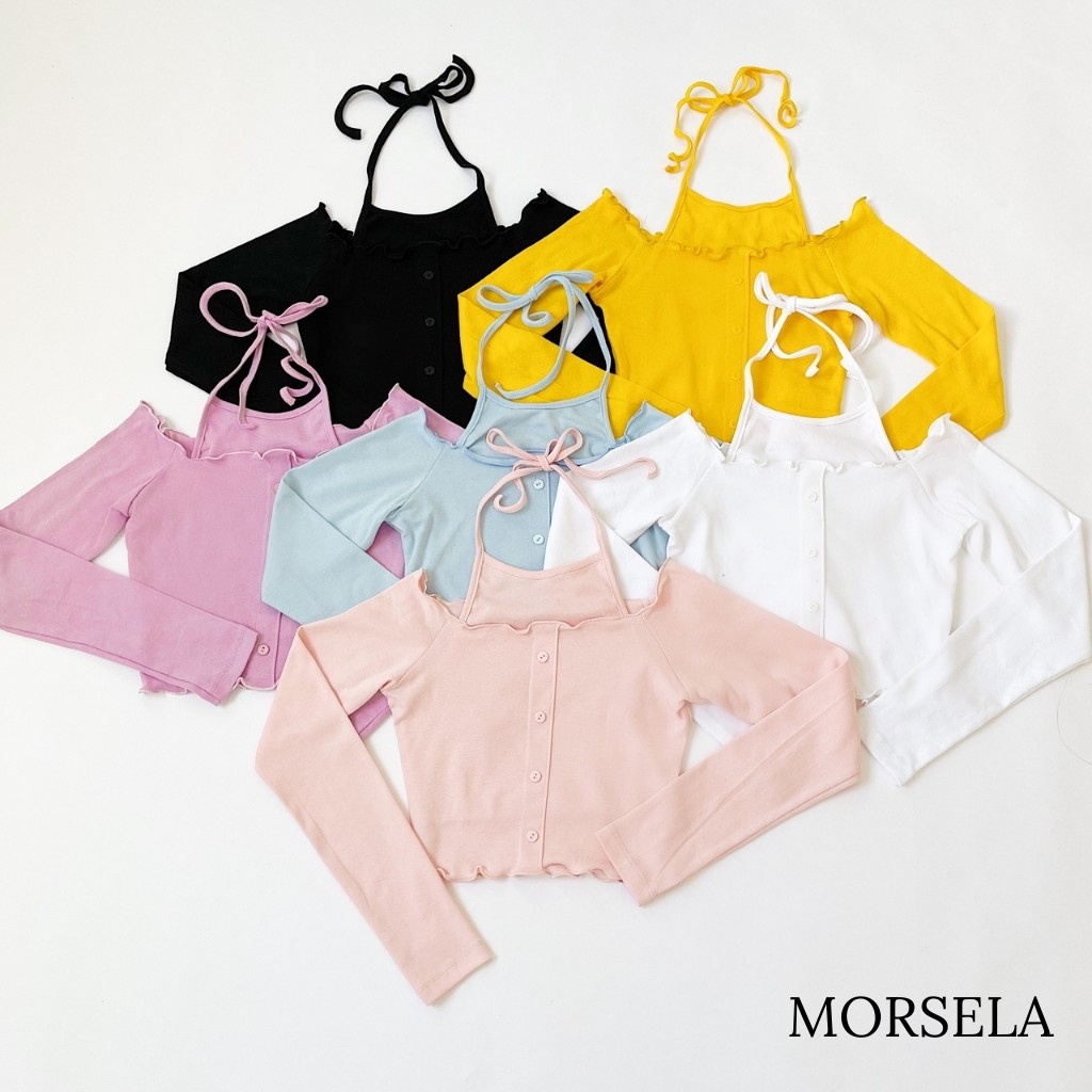 Áo thun croptop tay dài ôm body cột dây cổ yếm dáng trễ vai Sexy theo phong cách Hàn Quốc -Áo crop top nữ kiểu - Morsela | BigBuy360 - bigbuy360.vn