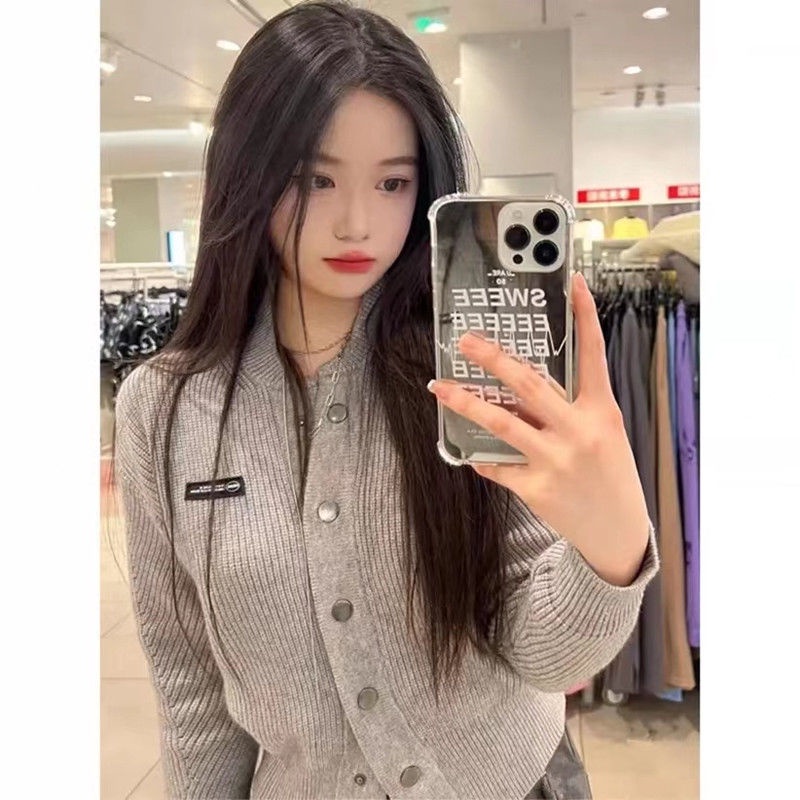 Gentle Japanese style foreign style gray knitted cardigan women's autumn design sense of minority chic slim sweater jacket