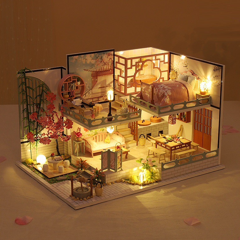 Mô hình nhà DIY Doll House Yaqin Court Kèm Mica Chống bụi, Bộ dụng cụ và Keo dán