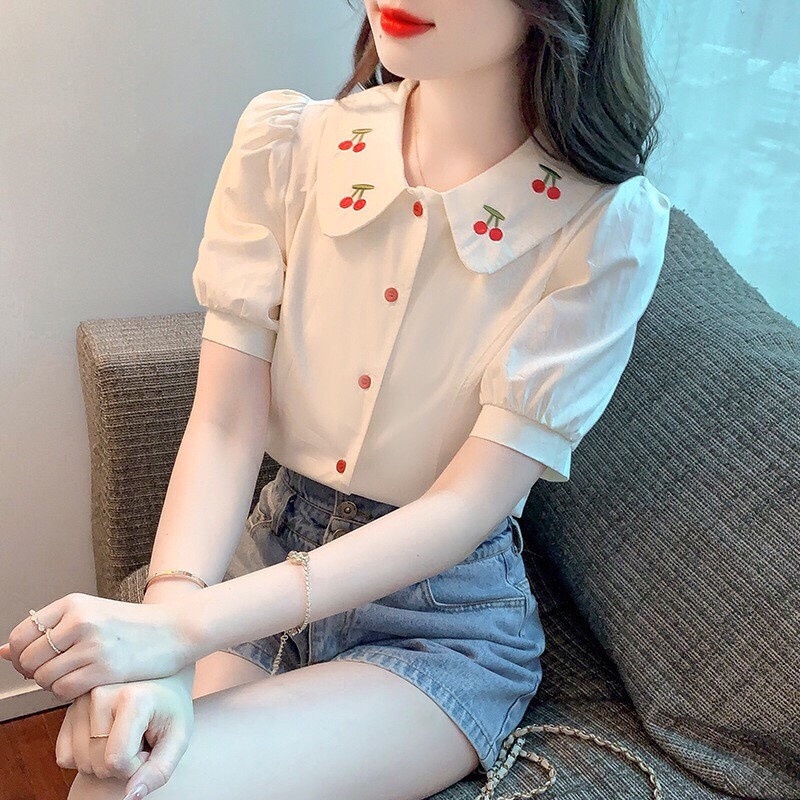 Áo sơ mi nữ tay ngắn Gloria Shop thêu hình cherry , Áo sơ mi nữ kiểu cổ tròn, chất vải đẹp, hàng công sở thiết kế -SP18
