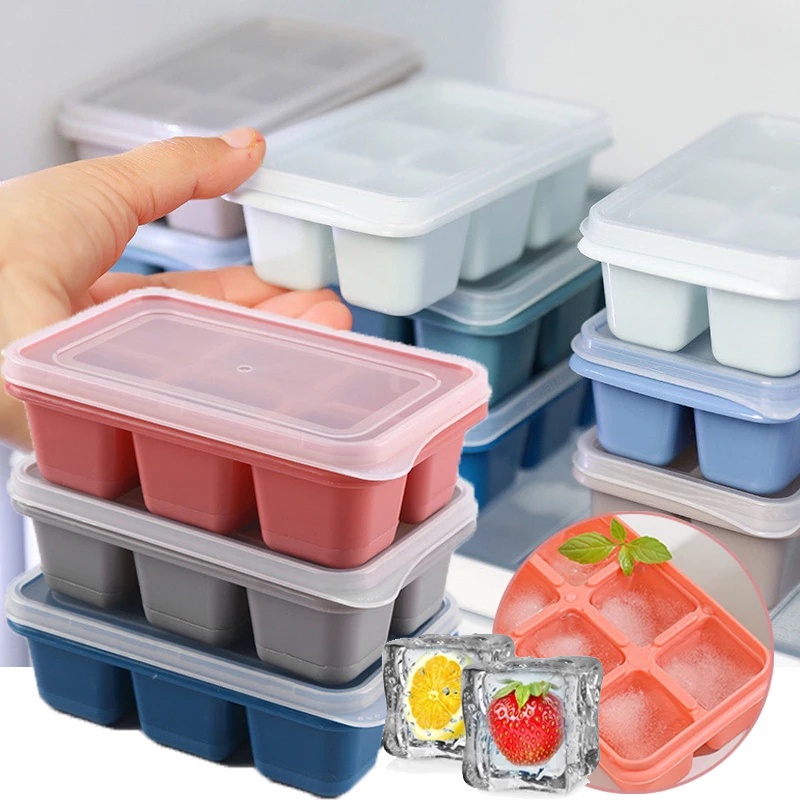 Khuôn Làm Đá 6 Ngăn Có Nắp Đậy / Khay Vuông Tiện Dụng Cho Các Bữa Tiệc