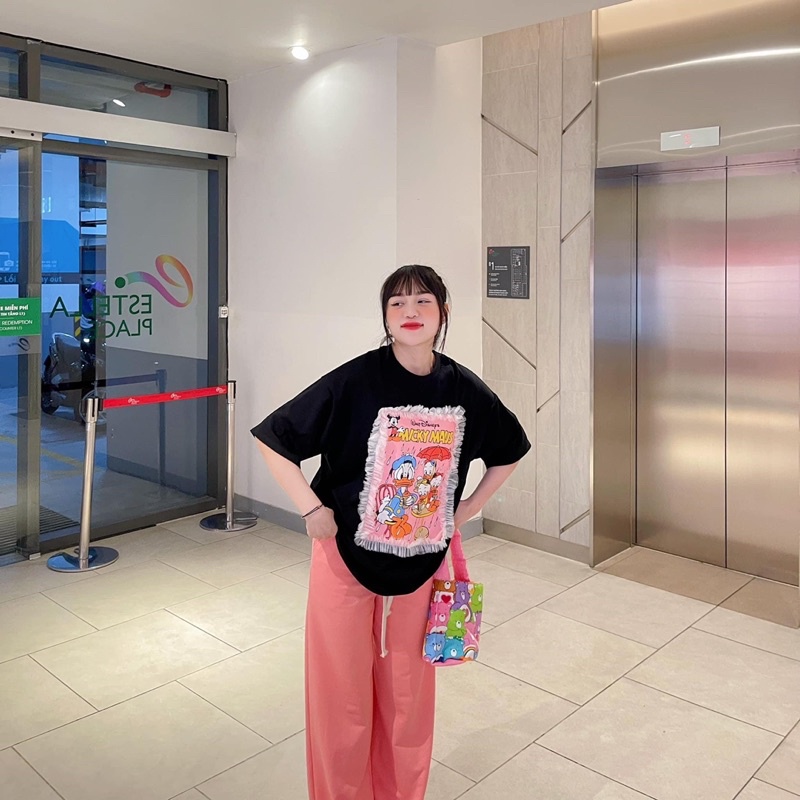 Set áo cotton micky phối lưới quần suông gân C11