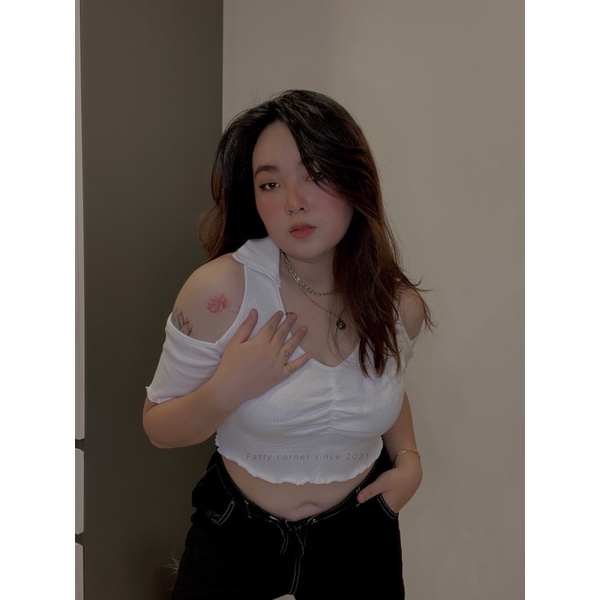 Áo croptop nữ BIGSIZE cổ V tay ống xinh xắn cho nàng mũm mĩm FATTYTA