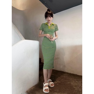 Đầm body sọc cổ bẻ chất thun form ôm 2m