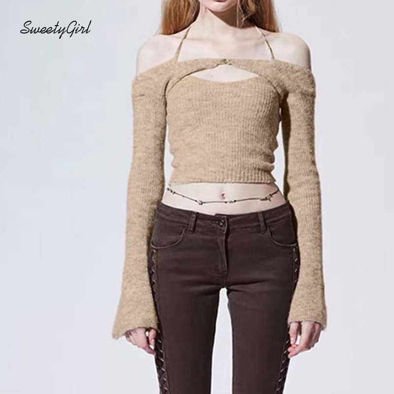 Set Áo Croptop Hai Dây + Áo Croptop Tay Dài Hở Vai Màu Trơn Thời Trang Cho Nữ