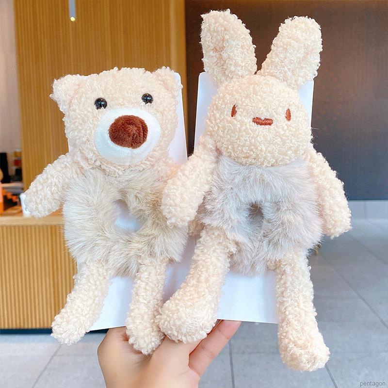 Dây Cột Tóc Cao Su Co Giãn Phối Lông Hình Gấu Dễ Thương Phong Cách Hàn Quốc Cho Nữ