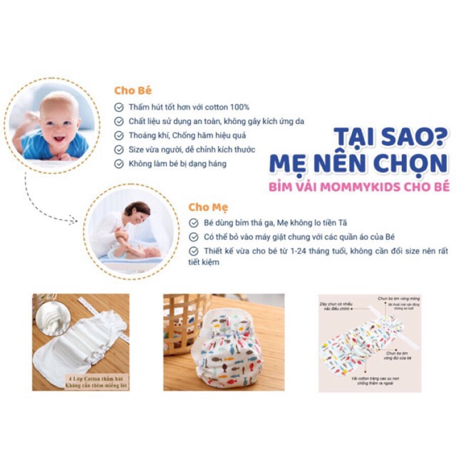 Bỉm Vải Tã Vải Trị Hăm Mommykids Ban ngày Set Bé Gái Freesize dùng cho bé từ 1 - 24 tháng tuổi
